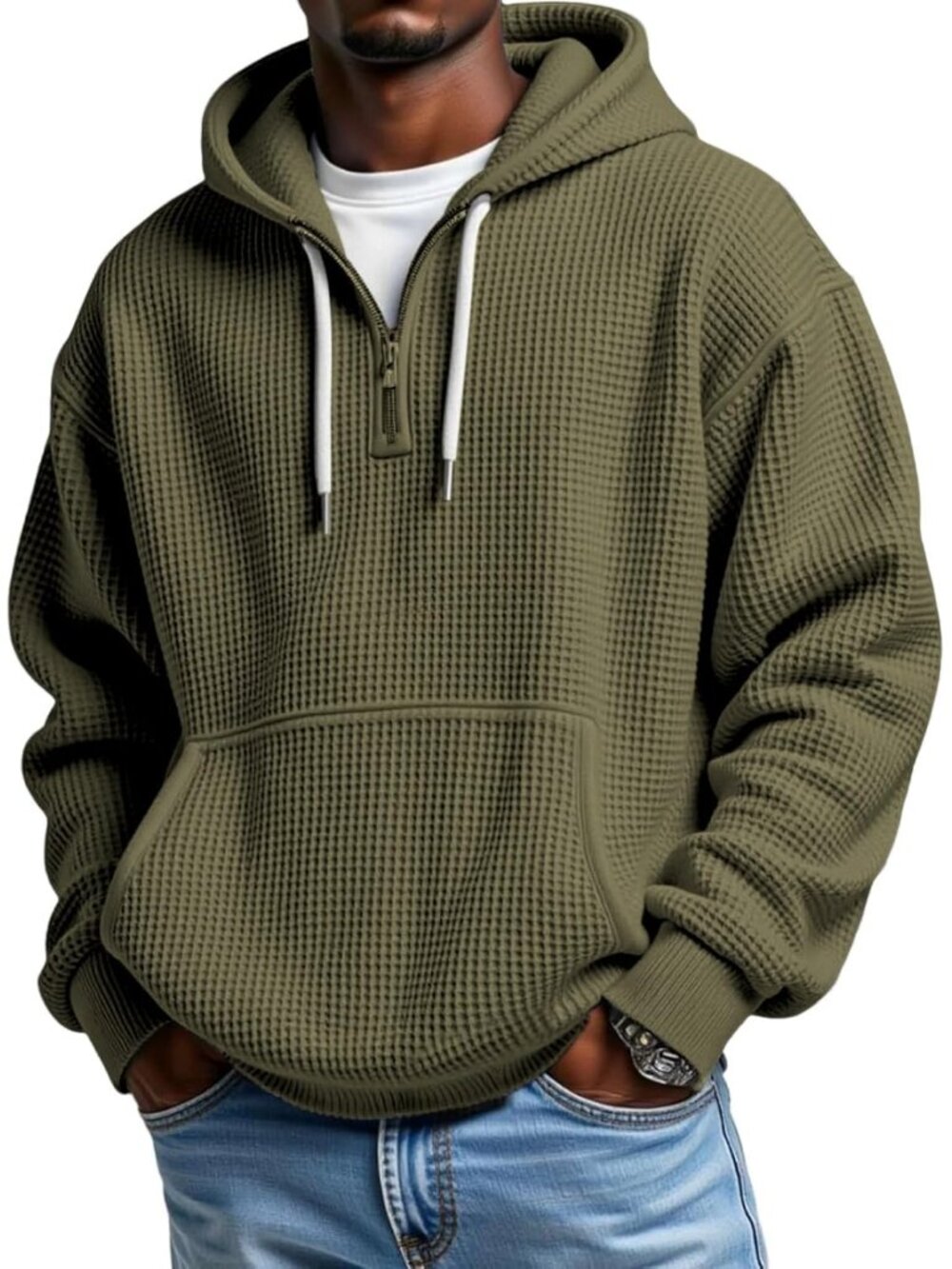 Men's Army Green Quarter Zip Waffle Knit Pullover Loose Fit Sweatshirt Hoodies